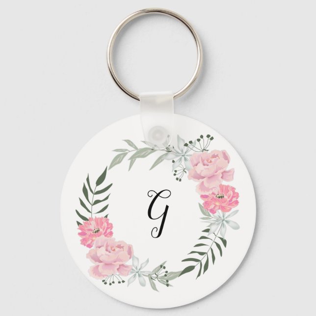 Delicate floral wreath, pink peonies key ring (Front)