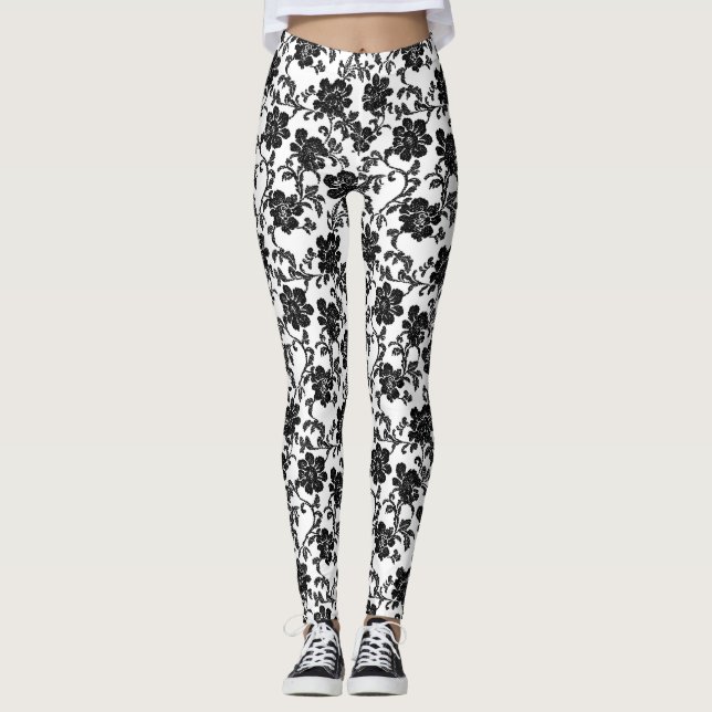 Delicate Flower Black Pattern Leggings (Front)
