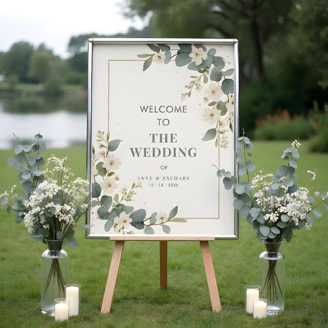 Delicate Flowers & Eucalyptus Wedding Welcome Poster (Delicate Flowers and Eucalyptus Wedding Frame Welcome Guests Posters with Garden Inspired Design.)