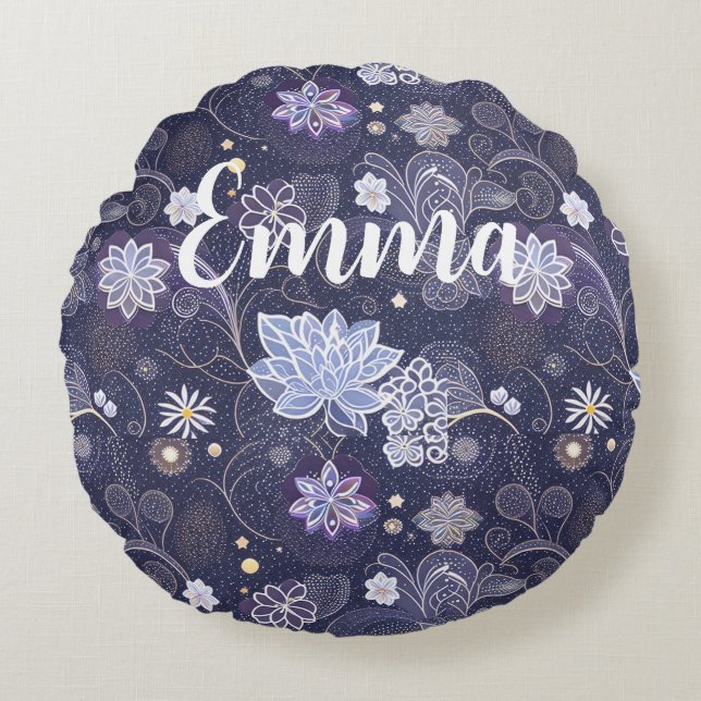 delicate flowers in white-blue pattern round cushion (Front)