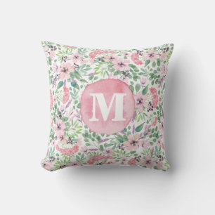 Delicate Flowers Lilac pink blush green monogram Cushion