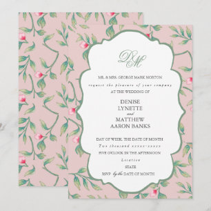 Delicate Flowers Mauve Chalk & Basil Green Wedding Invitation