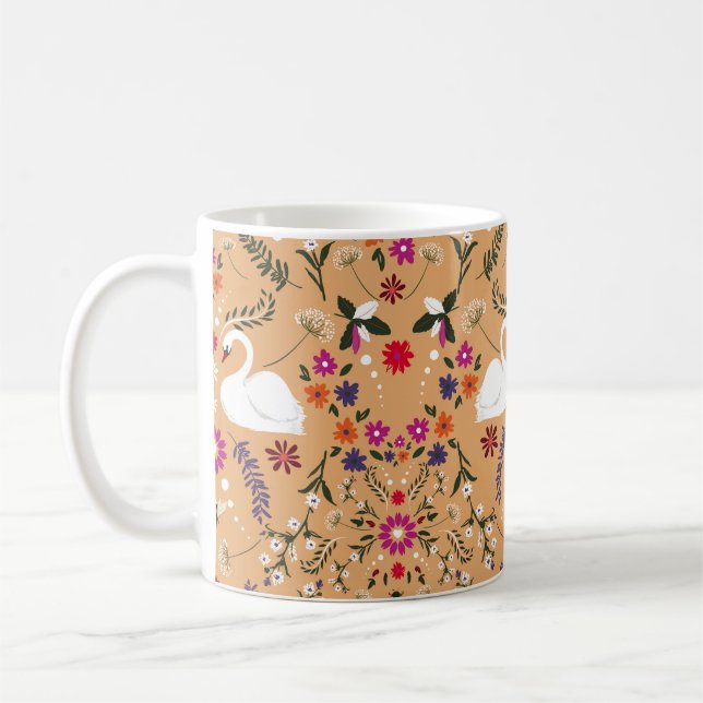 Delicate flowers, swan fantasy seamless pattern. coffee mug (Left)