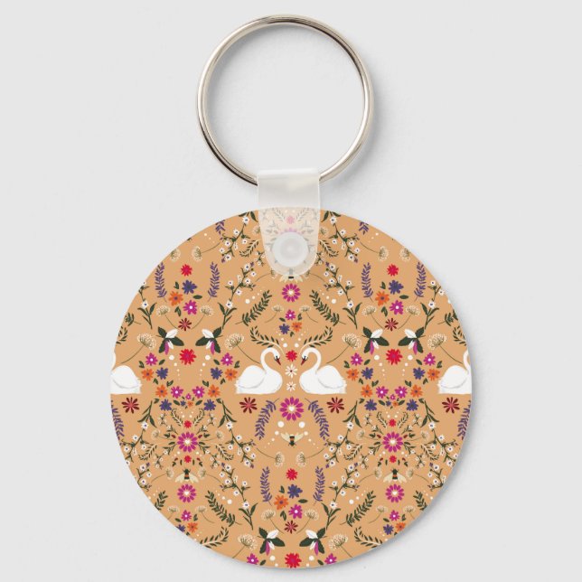 Delicate flowers, swan fantasy seamless pattern. key ring (Front)