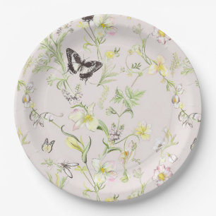 delicate flowers with a butterfly in Chinese style Paper Plate