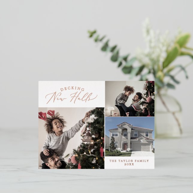 Delicate Foil Decking New Halls Photo Christmas Foil Holiday Postcard (Standing Front)