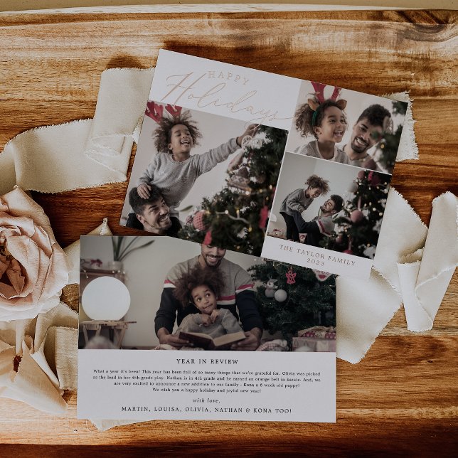 Delicate Foil Happy Holidays 4 Photo Newsletter Holiday Card (Creator Uploaded)