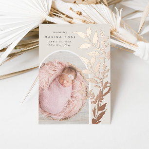 Delicate Foil Leaves   Photo Birth Announcement