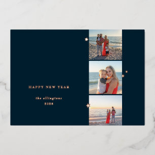 Delicate Foil Star Triple Photo Holiday Card
