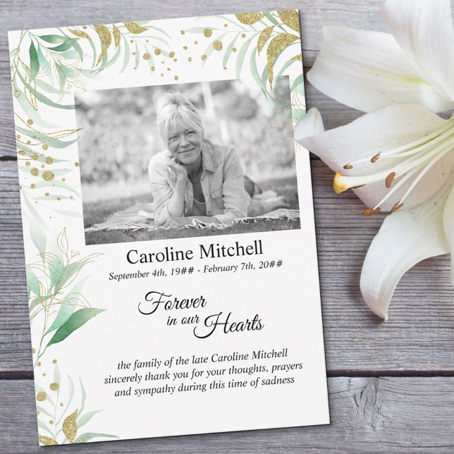 Delicate Foliage Forever in our Hearts Photo Thank You Card (Creator Uploaded)