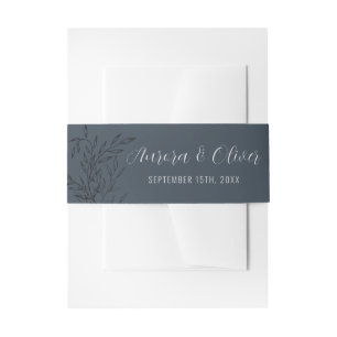 Delicate Foliage Steel Blue Names Wedding Invitation Belly Band
