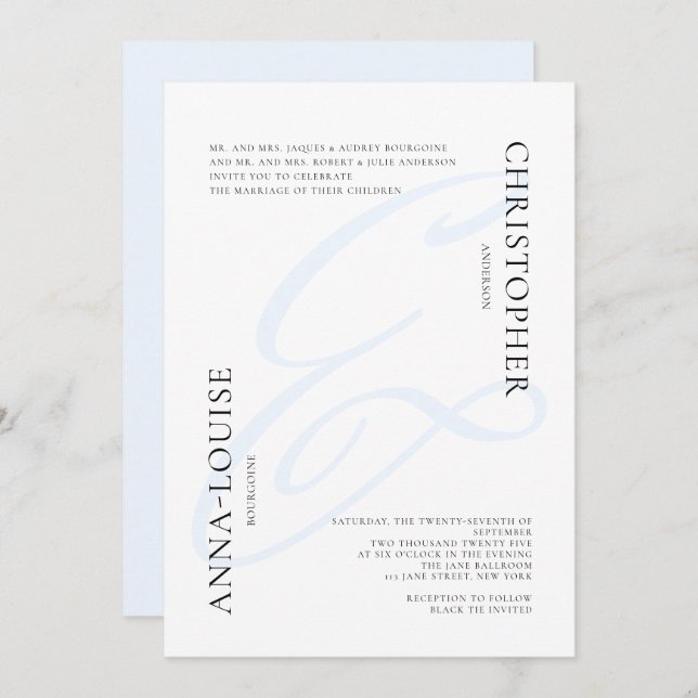Delicate Formal Blue Calligraphy Ampersand Wedding Invitation (Front/Back)