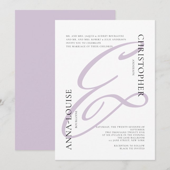 Delicate Formal Lavender Script Ampersand Wedding Invitation (Front/Back)