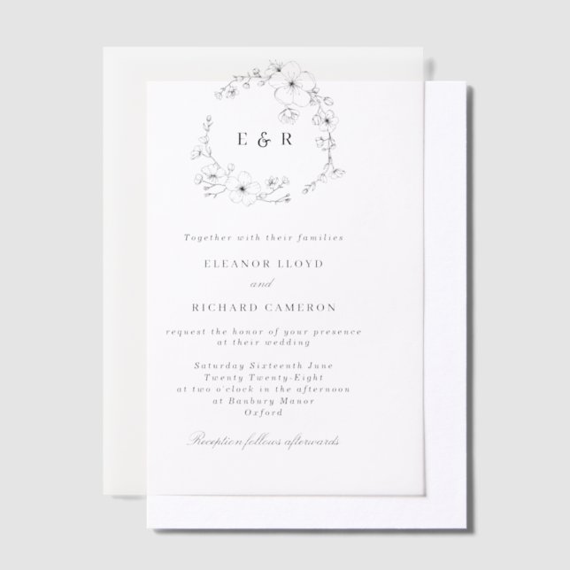 Delicate Formal Monogram Floral Wreath Wedding  Vellum Invitations (Offset)