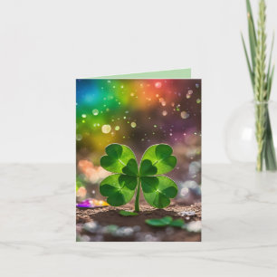 Delicate four-leaf clover in the sunlight holiday card