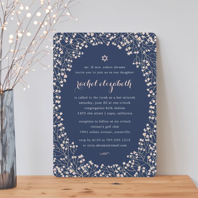Delicate Frame | Blush & Navy Floral Bat Mitzvah Invitation (Creator Uploaded)