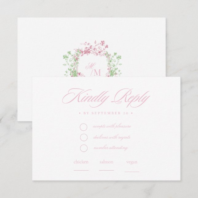 Delicate French Flora Crest Wedding  RSVP Card (Front/Back)