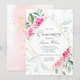 delicate garden floral pink roses Quinceanera Invitation