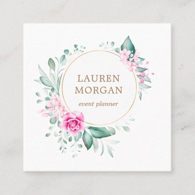 delicate garden floral pink roses square business card (Front)