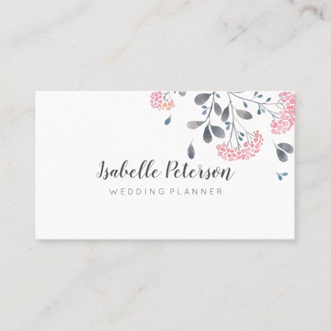 Delicate girly pink grey watercolor flowers beuty business card (Front)