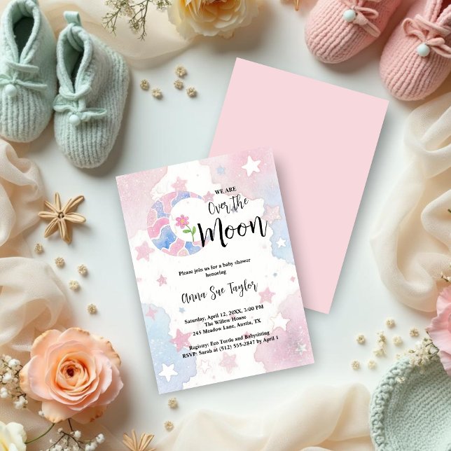 Delicate Glitter Crescent Moon Pink Baby Shower Invitation (Delicate Watercolor Style Glitter Crescent Moon with Pink Flower Inside on a Background with Stars.)