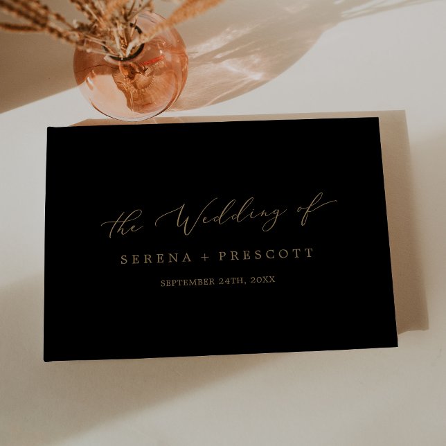 Delicate Gold and Black Monogram Back Wedding Guest Book (Creator Uploaded)