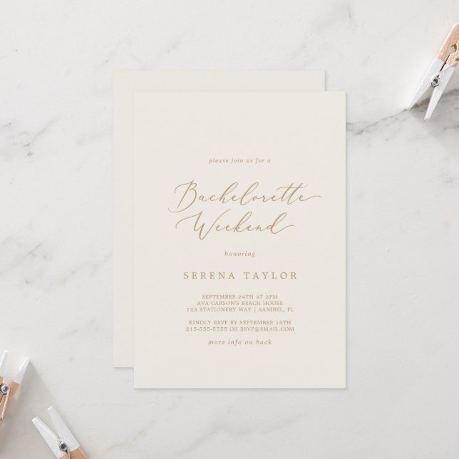 Delicate Gold and Cream Bachelorette Weekend Invitation (Front/Back In Situ)