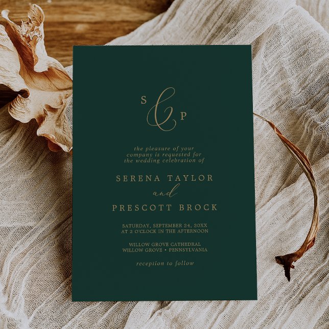 Delicate Gold and Green Formal Monogram Wedding Invitation (Creator Uploaded)