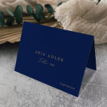 Delicate Gold and Navy Menu Option Place Cards<br><div class="desc">These delicate gold and navy menu option place cards are perfect for a modern wedding. The romantic minimalist design features lovely and elegant champagne golden yellow typography on a navy blue background with a clean and simple look. Personalise with the guest name, table number, and menu option and purchase each...</div>