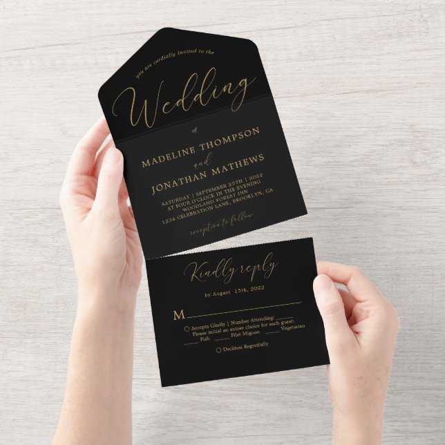 Delicate Gold Black Minimal Calligraphy Wedding All In One Invitation (Tearaway)
