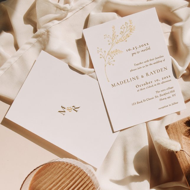 Delicate Gold Botanical Monogrammed Wedding Invitation (Creator Uploaded)