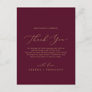 Delicate Gold Burgundy Thank You Reception Card