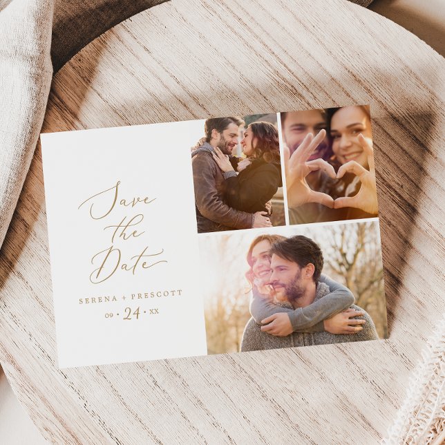 Delicate Gold Calligraphy 3 Photo Collage Save The Date (Creator Uploaded)
