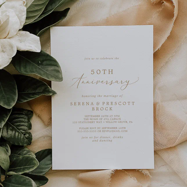 Delicate Gold Calligraphy 50th Wedding Anniversary Invitation | Zazzle