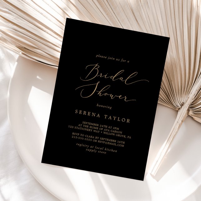Delicate Gold Calligraphy | Black Bridal Shower Invitation (Creator Uploaded)