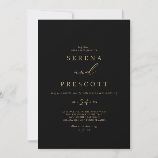 Delicate Gold Calligraphy | Black Casual Wedding Invitation (Front)