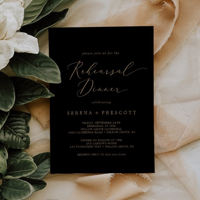 Delicate Gold Calligraphy | Black Rehearsal Dinner Invitation (Creator Uploaded)
