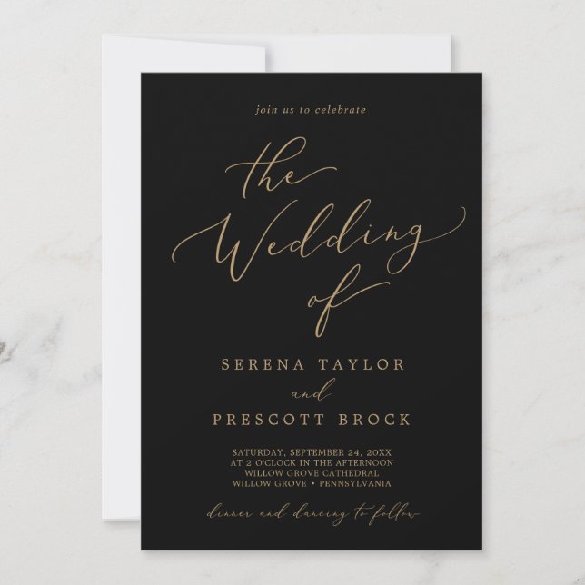 Delicate Gold Calligraphy | Black The Wedding Of Invitation (Front)