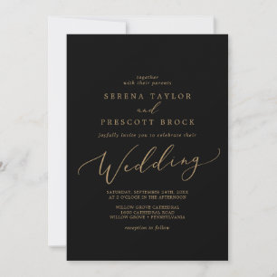 Delicate Gold Calligraphy Black Wedding Invitation