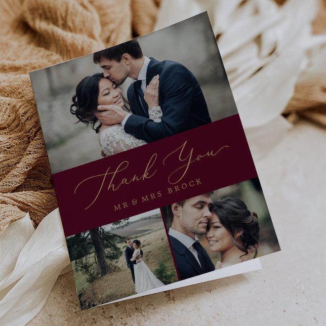 Delicate Gold Calligraphy Burgundy 3 Photo Collage Thank You Card (Creator Uploaded)