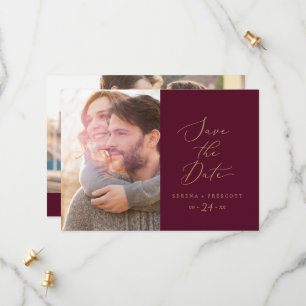 Delicate Gold Calligraphy Burgundy Photo Save The Date