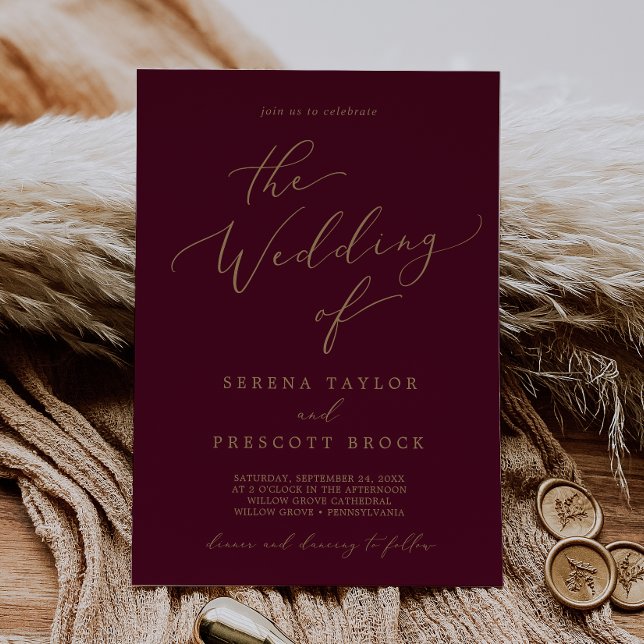 Delicate Gold Calligraphy Burgundy The Wedding Of Invitation (Creator Uploaded)