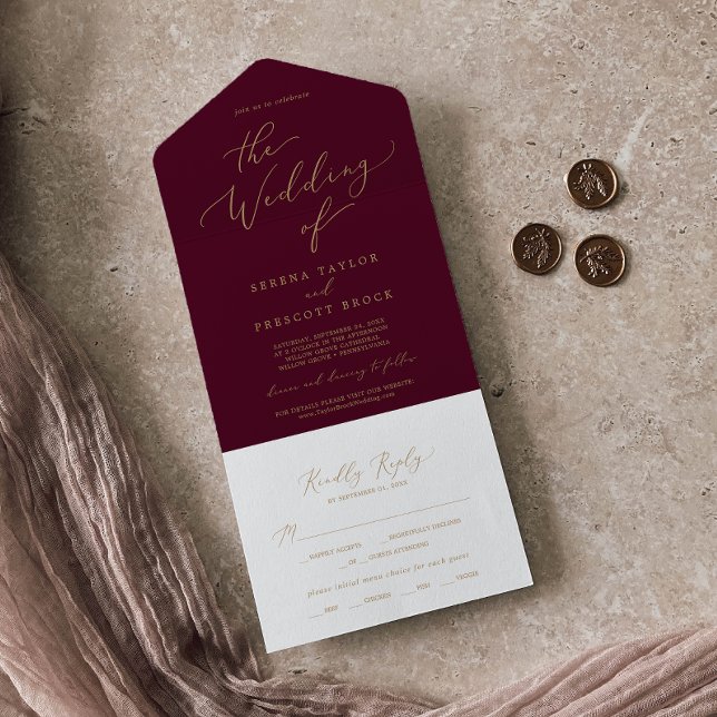 Delicate Gold Calligraphy | Burgundy Wedding All In One Invitation (Creator Uploaded)