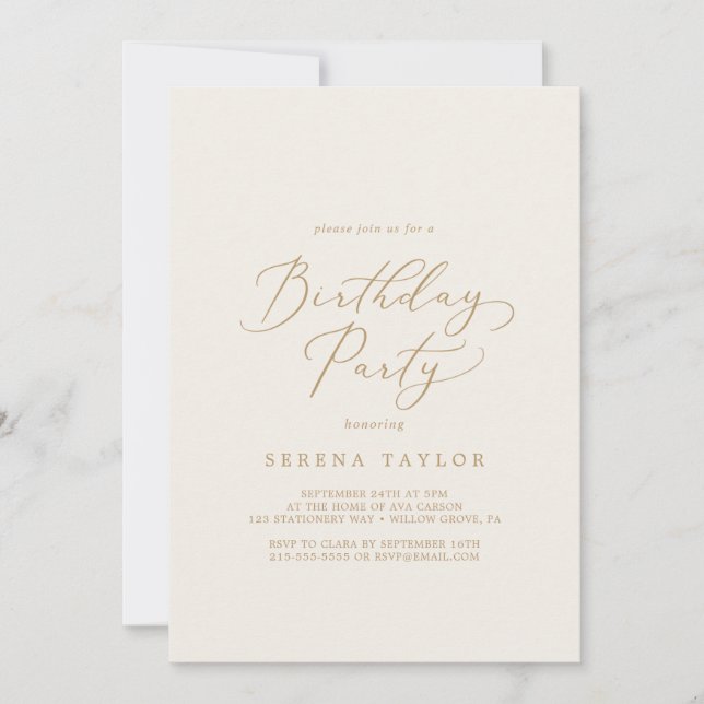Delicate Gold Calligraphy | Cream Birthday Party Invitation (Front)