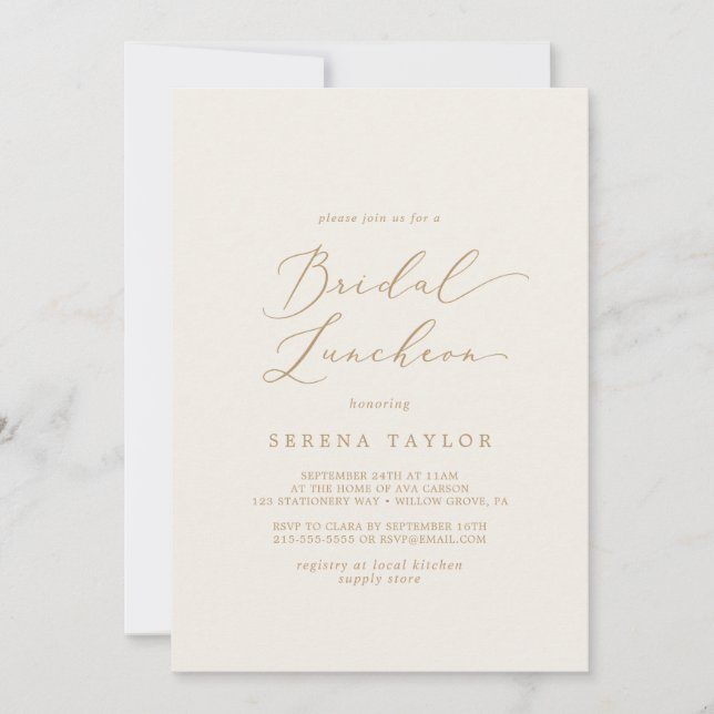 Delicate Gold Calligraphy | Cream Bridal Luncheon Invitation (Front)