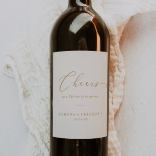 Delicate Gold Calligraphy   Cream Cheers Wedding Wine Label