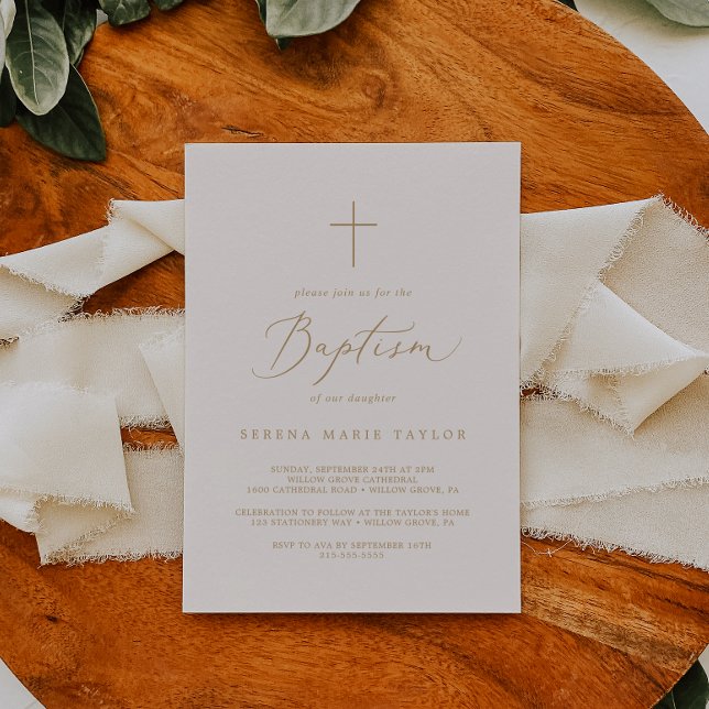 Delicate Gold Calligraphy Cream Cross Baptism Invitation (Creator Uploaded)