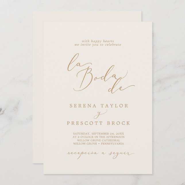 Delicate Gold Calligraphy Cream La Boda De Wedding Invitation (Front/Back)
