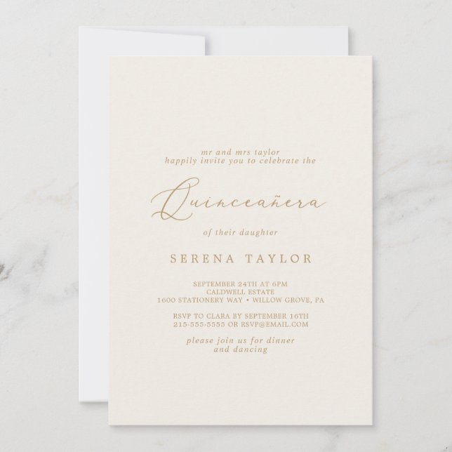 Delicate Gold Calligraphy | Cream Quinceañera Invitation (Front)