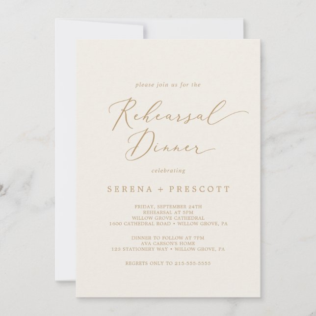 Delicate Gold Calligraphy | Cream Rehearsal Dinner Invitation (Front)